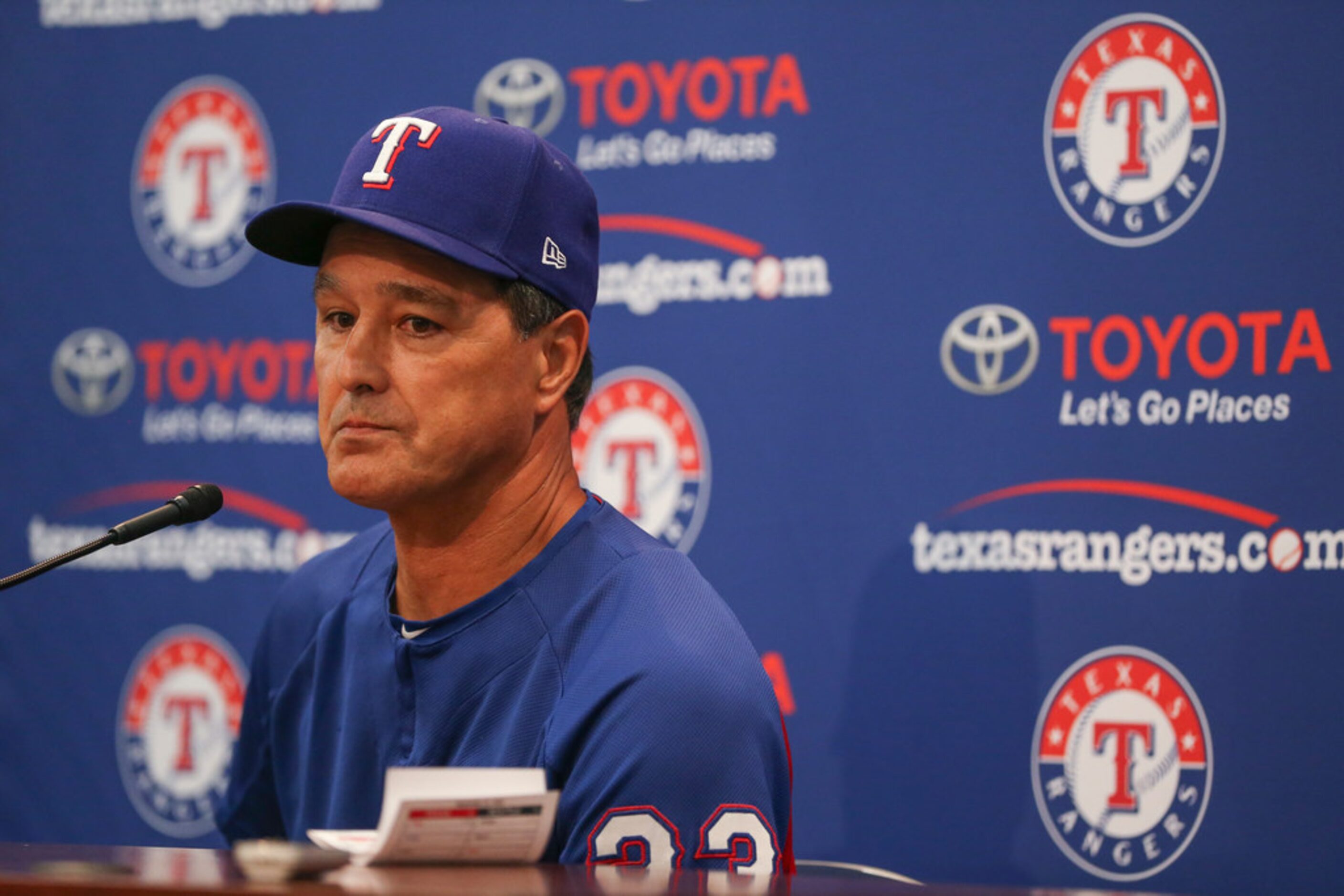 Don Wakamatsu, who has been named interim manager of the Texas Rangers, addresses members of...