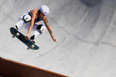 USA’s Jordyn Barratt competes during the women’s skateboarding prelims at the postponed 2020...