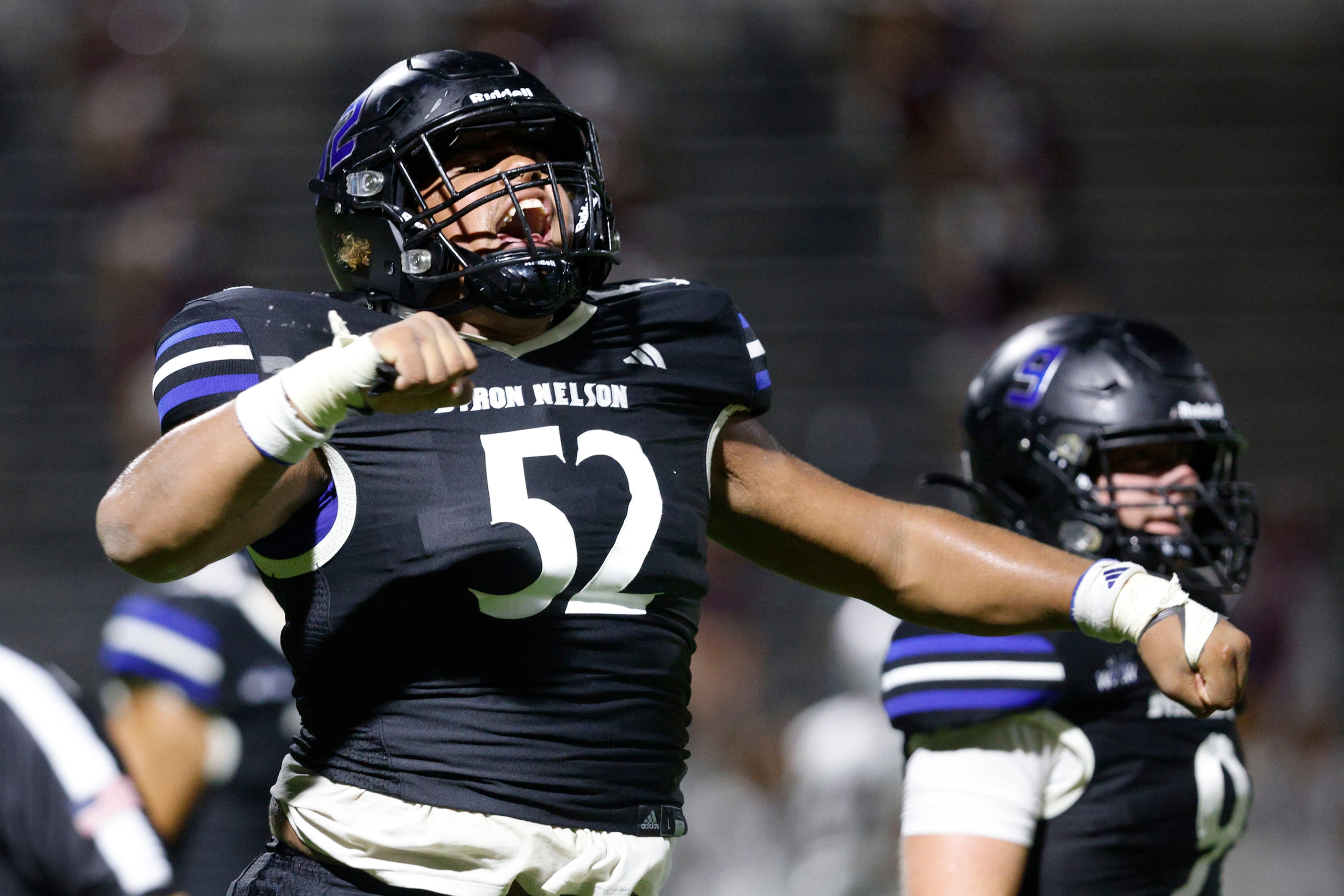 Byron Nelson's Jayden Smith (52) reacts after their kicker Byron Nelson's Justin Bequette...