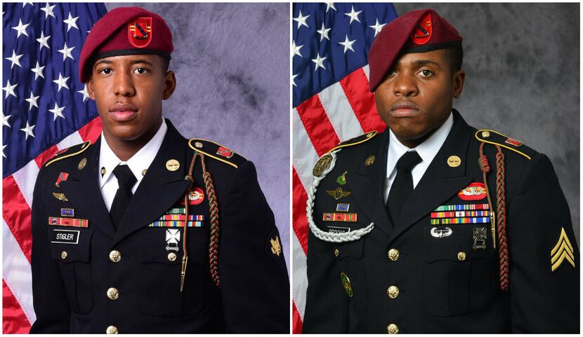 Spc. Allen Levi Stigler Jr., of Arlington, left, and Sgt. Roshain Euvince Brooks, of...