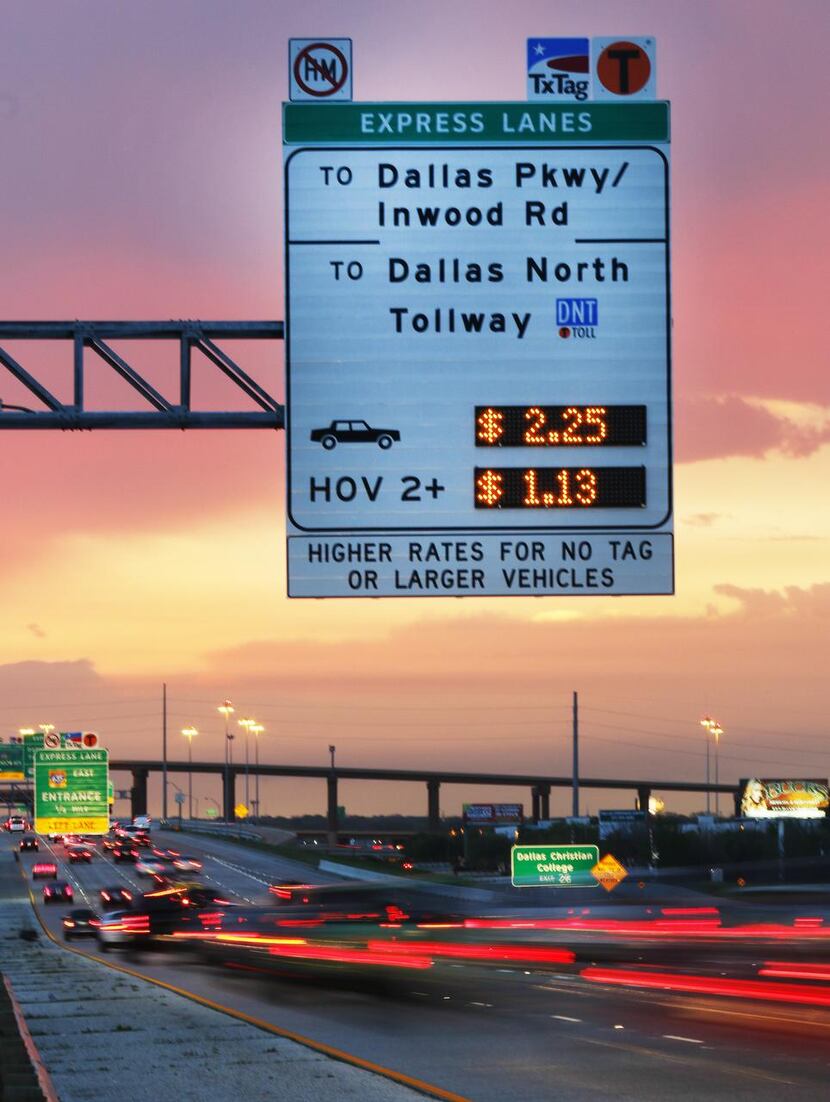 
Drivers on LBJ Freeway can opt for tolled lanes to avoid traffic crunches. Car poolers get...