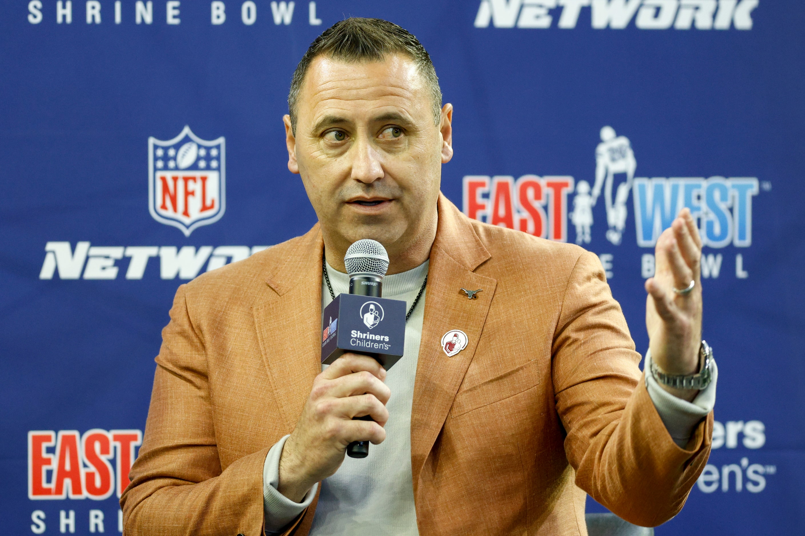 Texas Longhorns head coach Steve Sarkisian speaks during an East-West Shrine Bowl Hall of...