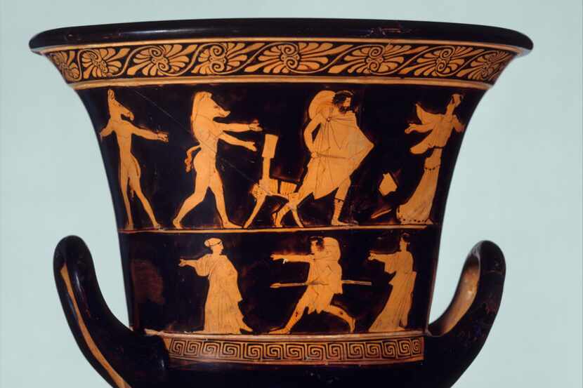 An ancient wine vessel depicts the scene from Homer's Odyssey where Odysseus confronts Circe...