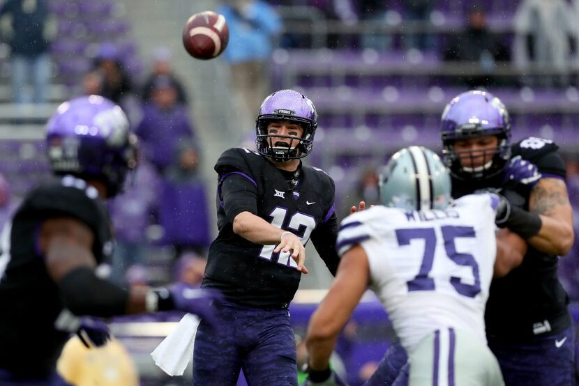 FORT WORTH, TX - DECEMBER 03:  Kenny Hill #7 of the TCU Horned Frogs looks for an open...