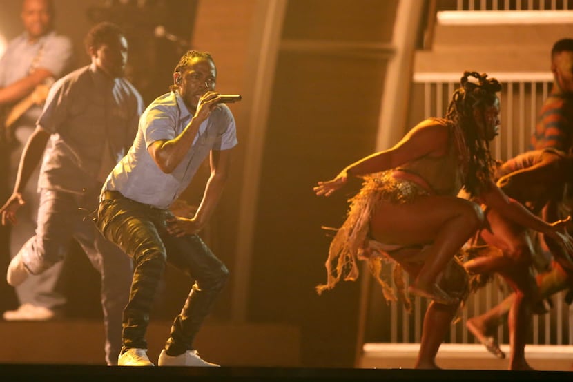 Kendrick Lamar performs at the 58th annual Grammy Awards on Monday, Feb. 15, 2016, in Los...