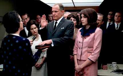 Mary Rachel Dudley as Judge Sarah T. Hughes, left, Woody Harrelson as President Lyndon...
