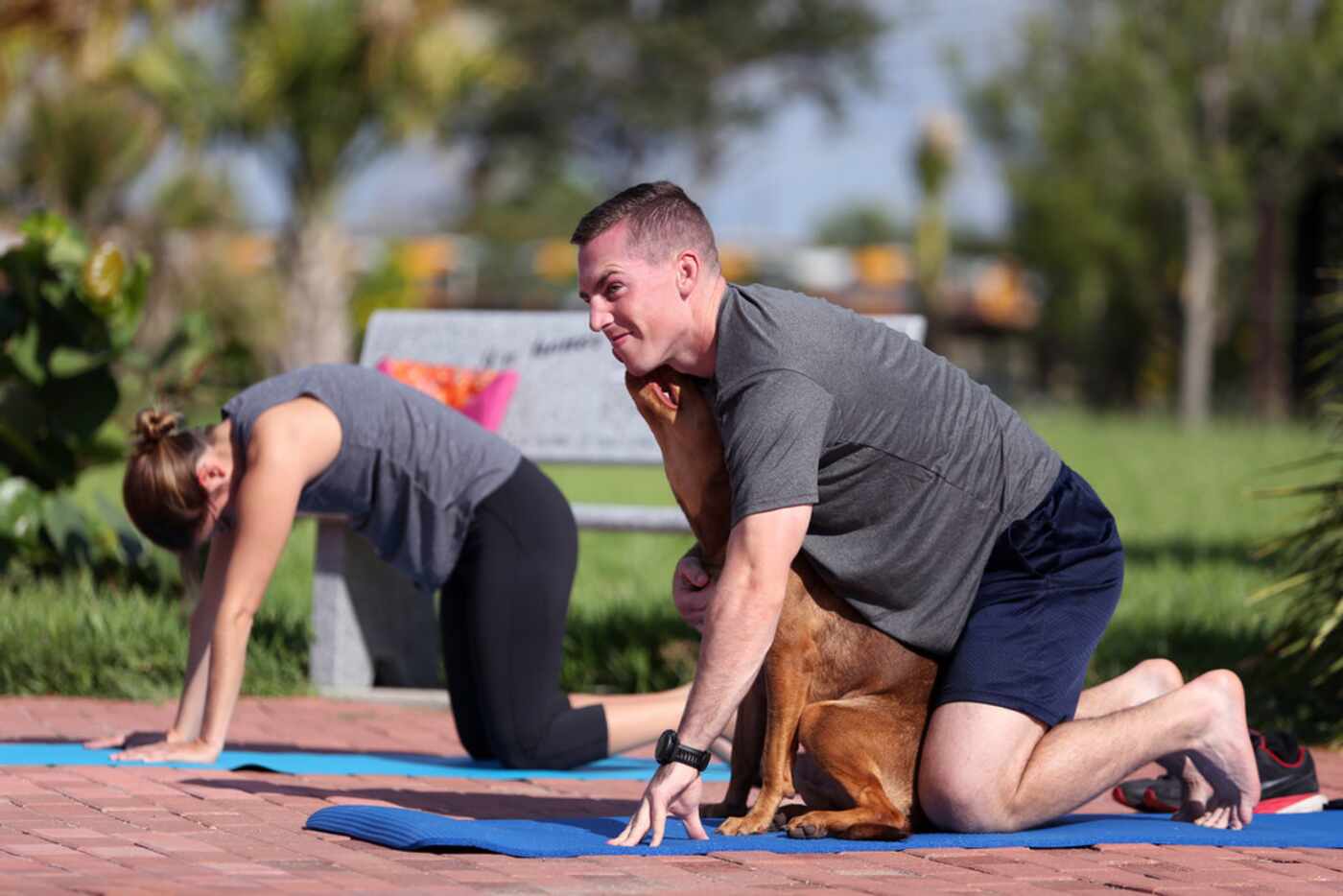 Melissa Quinones and Danny McCaffrey participate in a doga class (yoga with dogs) taught by...