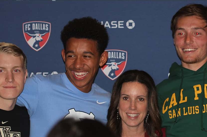 Holland Rula (left), Chris Richards (center), and Brecc Evans (right) at FC Dallas' Chase...