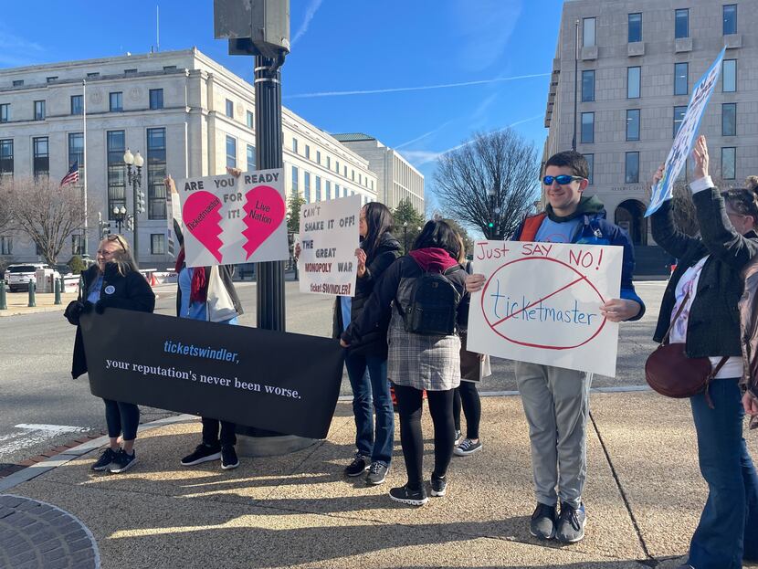 Protesters call for an end to Ticketmaster outside the U.S. Capitol Tuesday while the Senate...