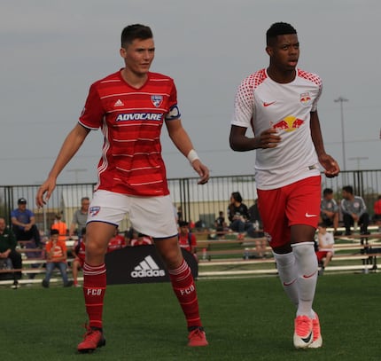 Brecc Evans (left) plays in the Dallas Cup for FC Dallas against Red Bull Brasil. 