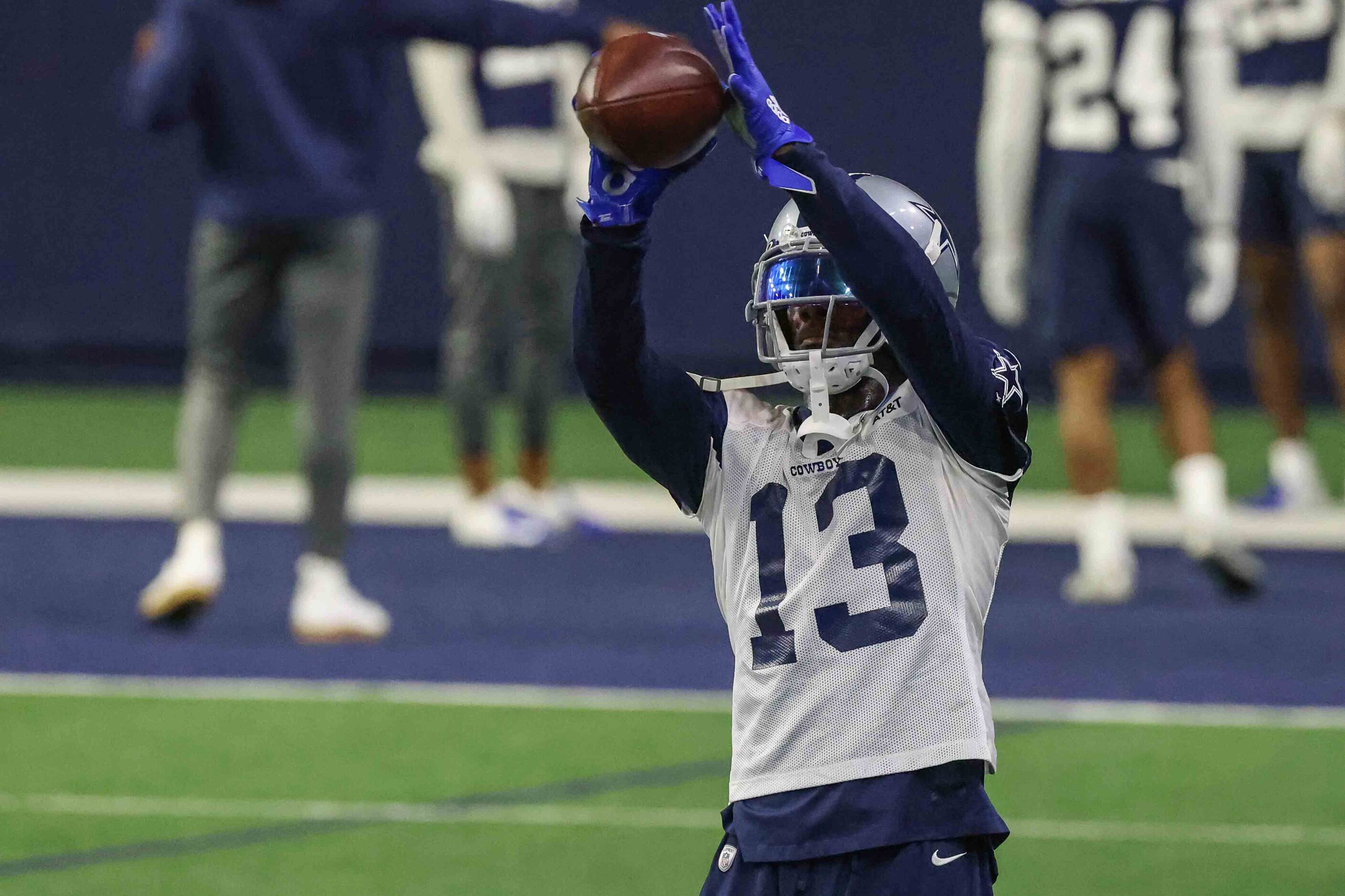 Cowboys' wide receiver 
Michael Gallup #13 during practice at the Ford Center in Frisco on...