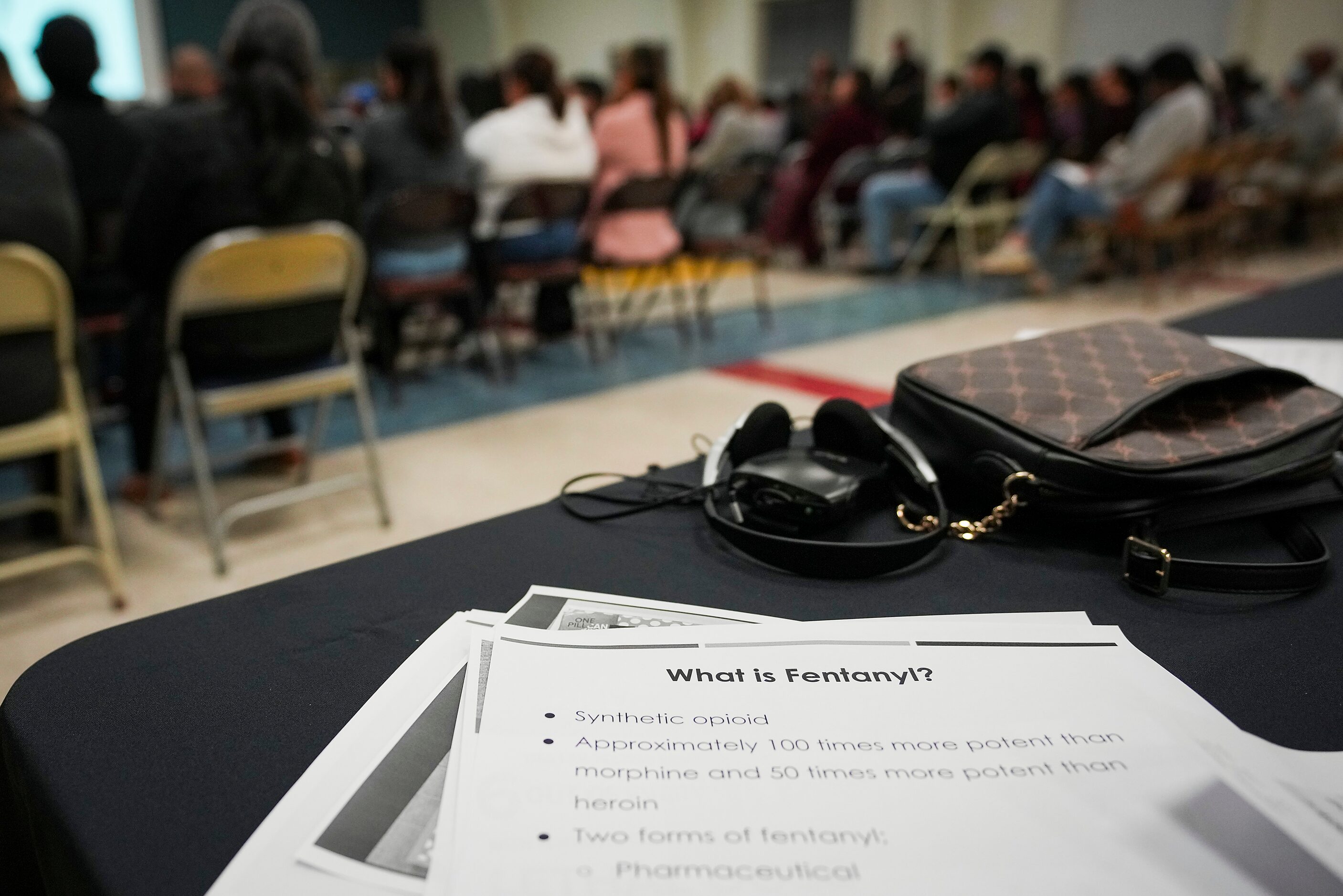 People in the audience listen to a presentation on fentanyl during a Student Health Advisory...