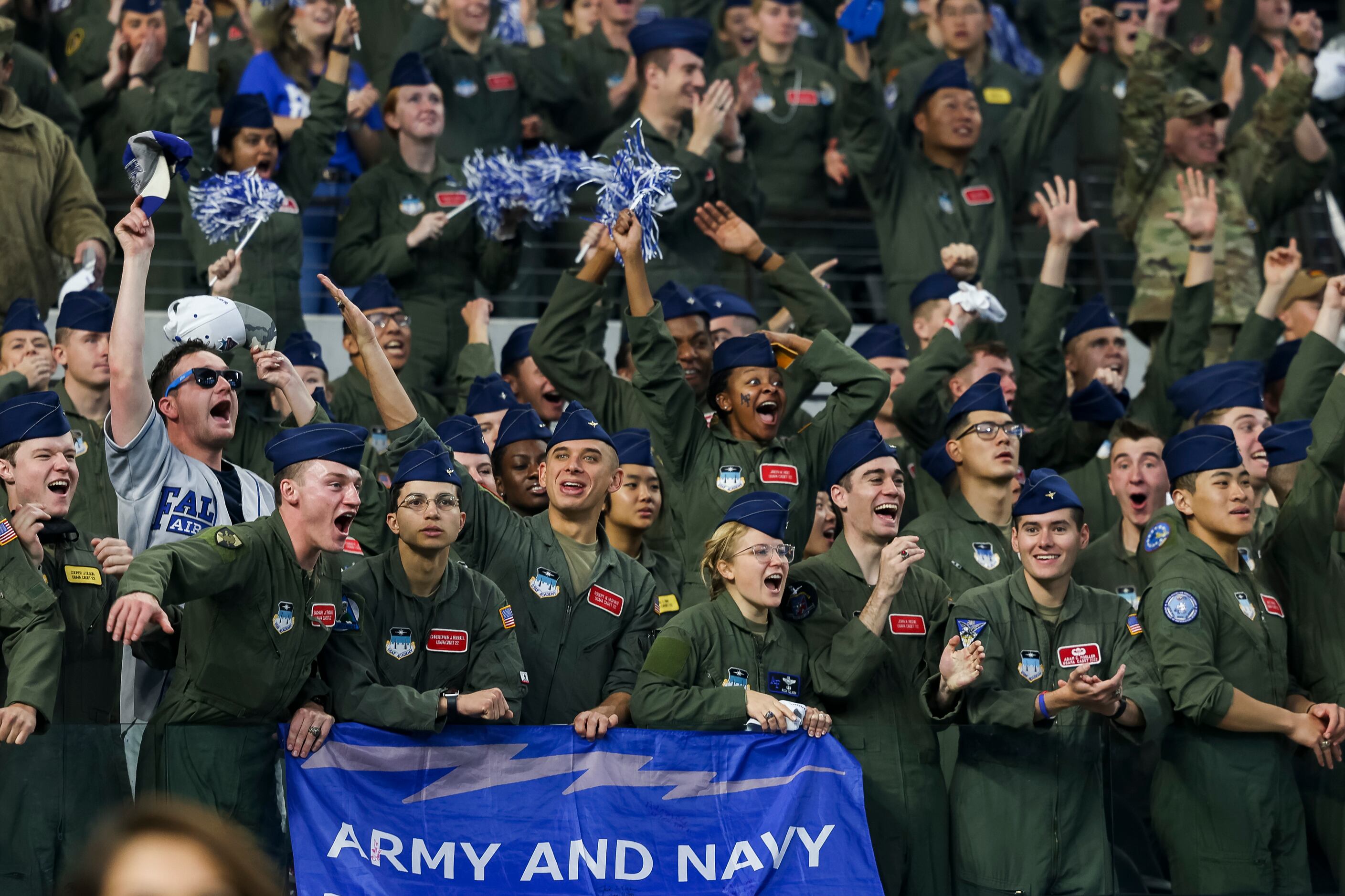 Air Force Cadets celebrate a missed field goal by the Army Black Knights during first...