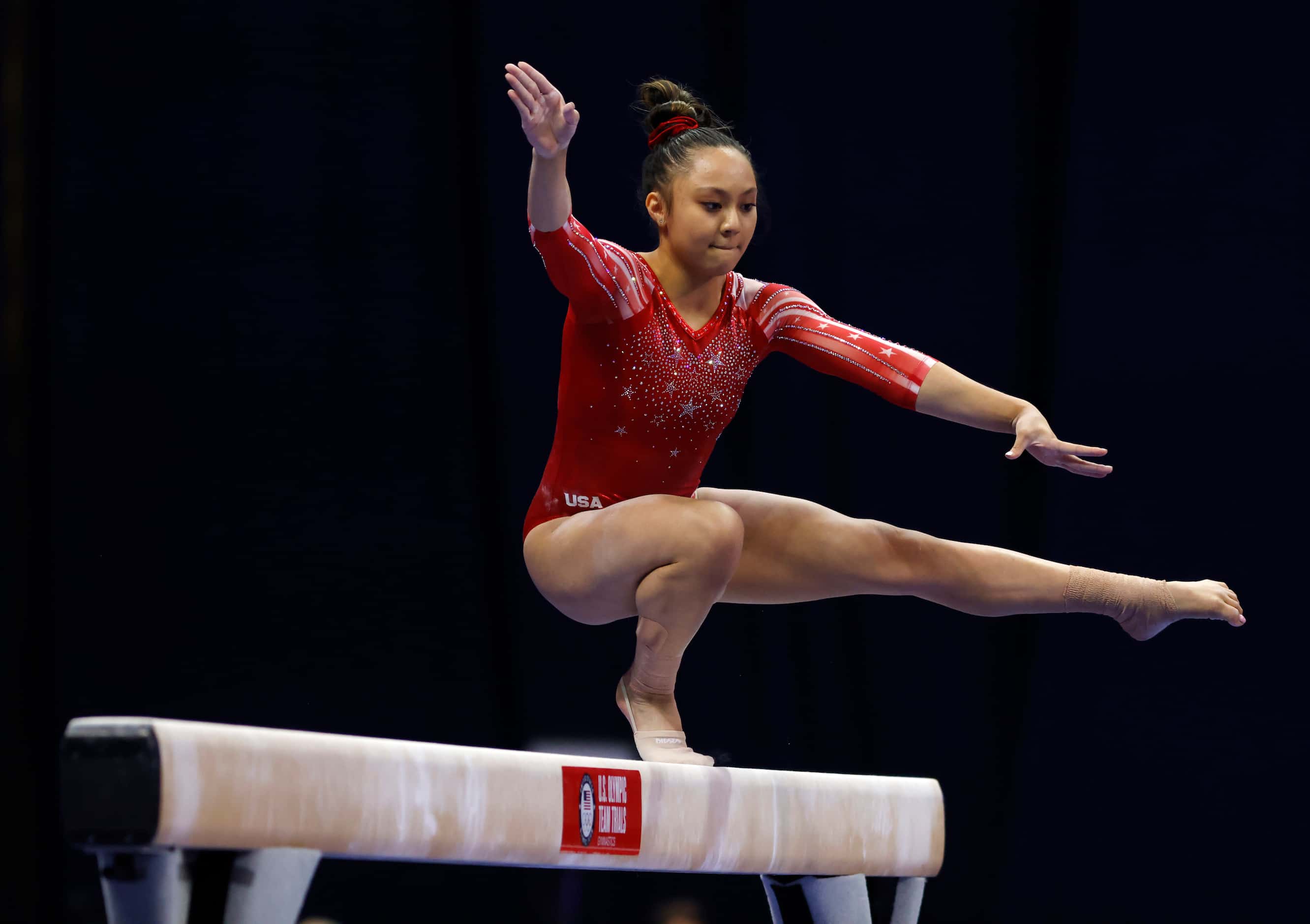 Emma Malabuyo competes on the balance beam during day 2 of the women's 2021 U.S. Olympic...