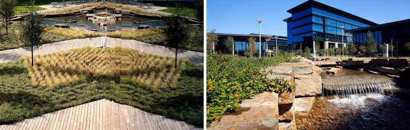 Drought-resistant landscaping and an artificial creek are reflected in the glass exterior of...