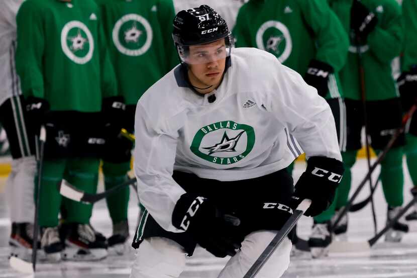 Logan Stankoven (57) participates in a drill during the Stars’ annual development camp Group...