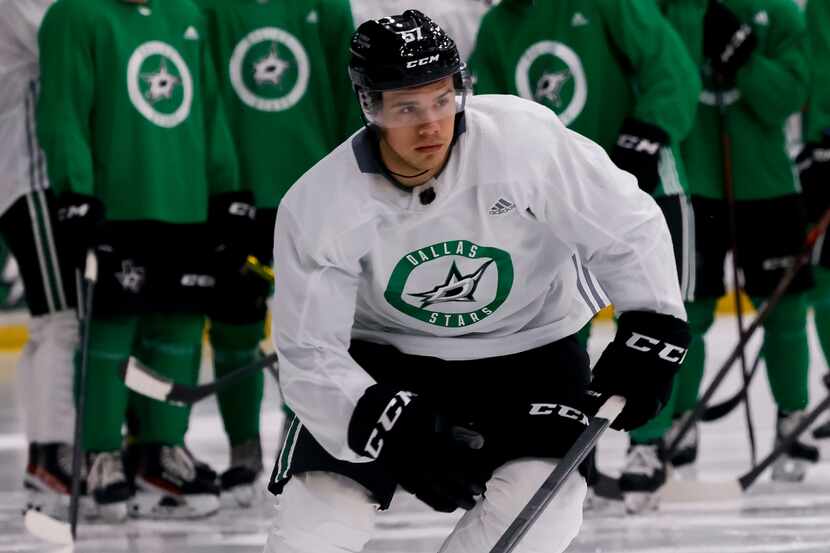 Logan Stankoven (57) participates in a drill during the Stars’ annual development camp Group...