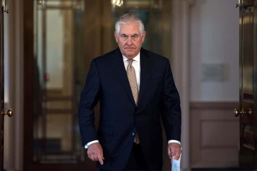 US Secretary of State Rex Tillerson arrives to speak in the Treaty Room of the US Department...