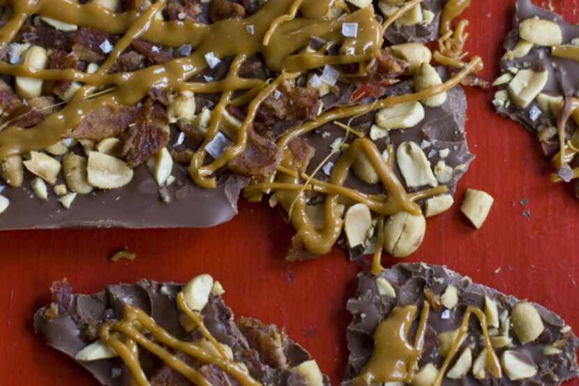 Caramel Bacon Peanut Bark can be broken into chunks and packaged in plastic bags or candy...