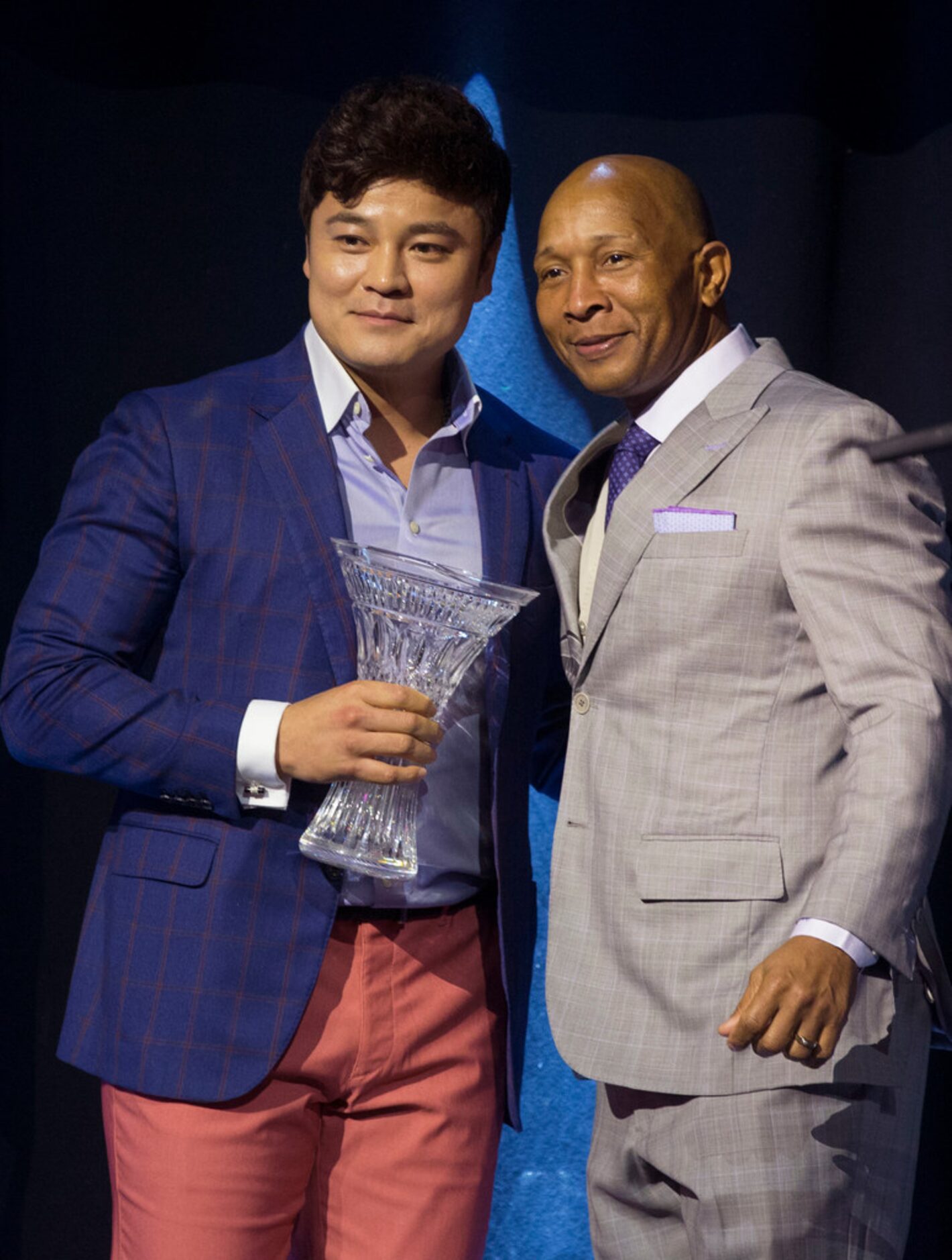 Texas Rangers outfielder Shin-Shoo Choo, left, poses with Tony Beasley, Texas Rangers third...