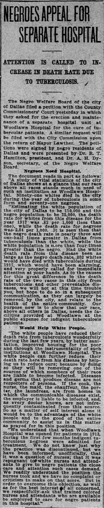 A Dallas Morning News clipping from Feb. 20, 1918, details a petition to create a separate...