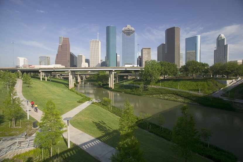 Downtown Houston skyline and Buffalo Bayou, which stretches 52 miles through Houston, from...