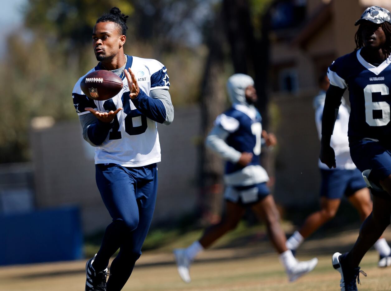 Dallas Cowboys wide receiver Jalen Tolbert (18) makes a touchdown catch  during the first half of an NFL preseason football game against the  Jacksonville Jaguars, Saturday, Aug. 12, 2023, in Arlington, Texas. (