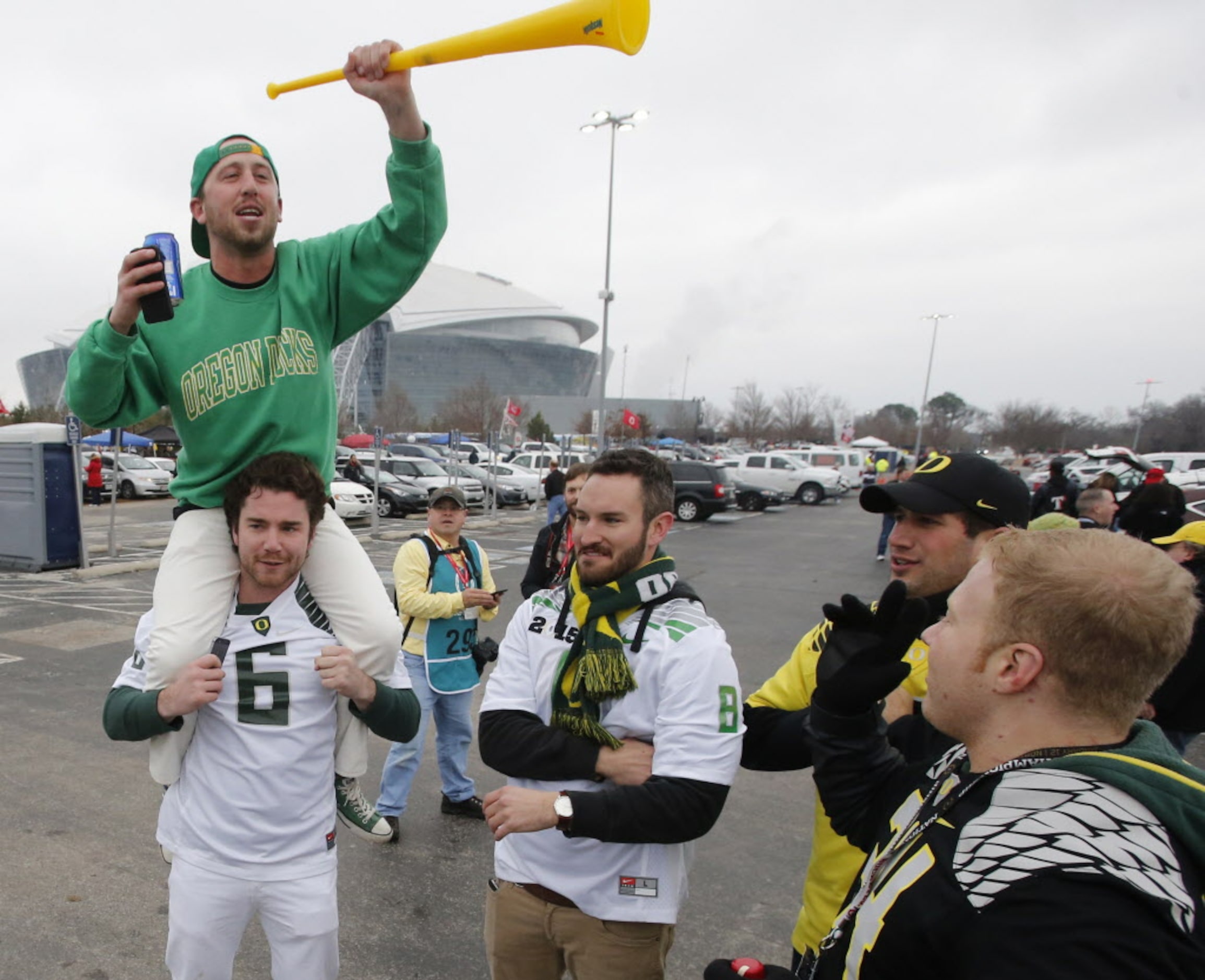 Oregon fans get ready for the game as they tailgate before the College Football National...