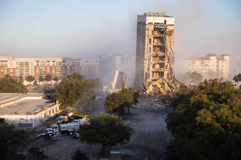 Part of the 11-story former Affiliated Affiliated Computer Services tower remains standing...