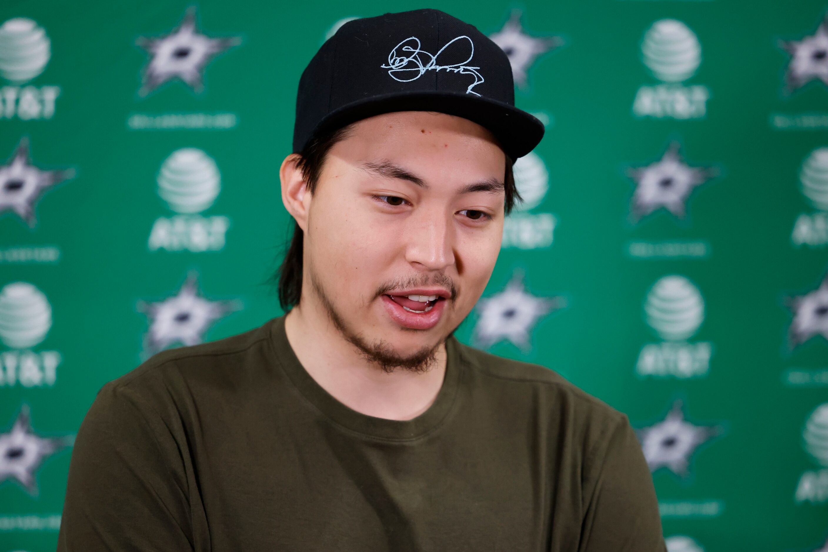 Dallas Stars left wing Jason Robertson speaks during Dallas Stars season wrap news...