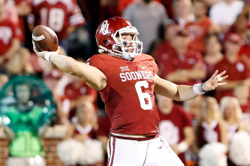 Oklahoma quarterback Baker Mayfield (6) passes against Kansas during the second half of an...