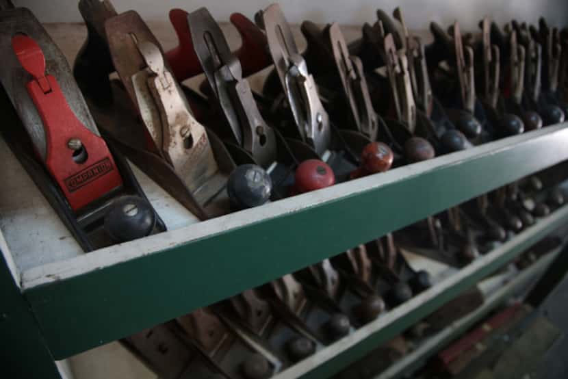 Lynn Dowd's collection of hand planers at Dowd's Vintage and Antique Tools in Garland...