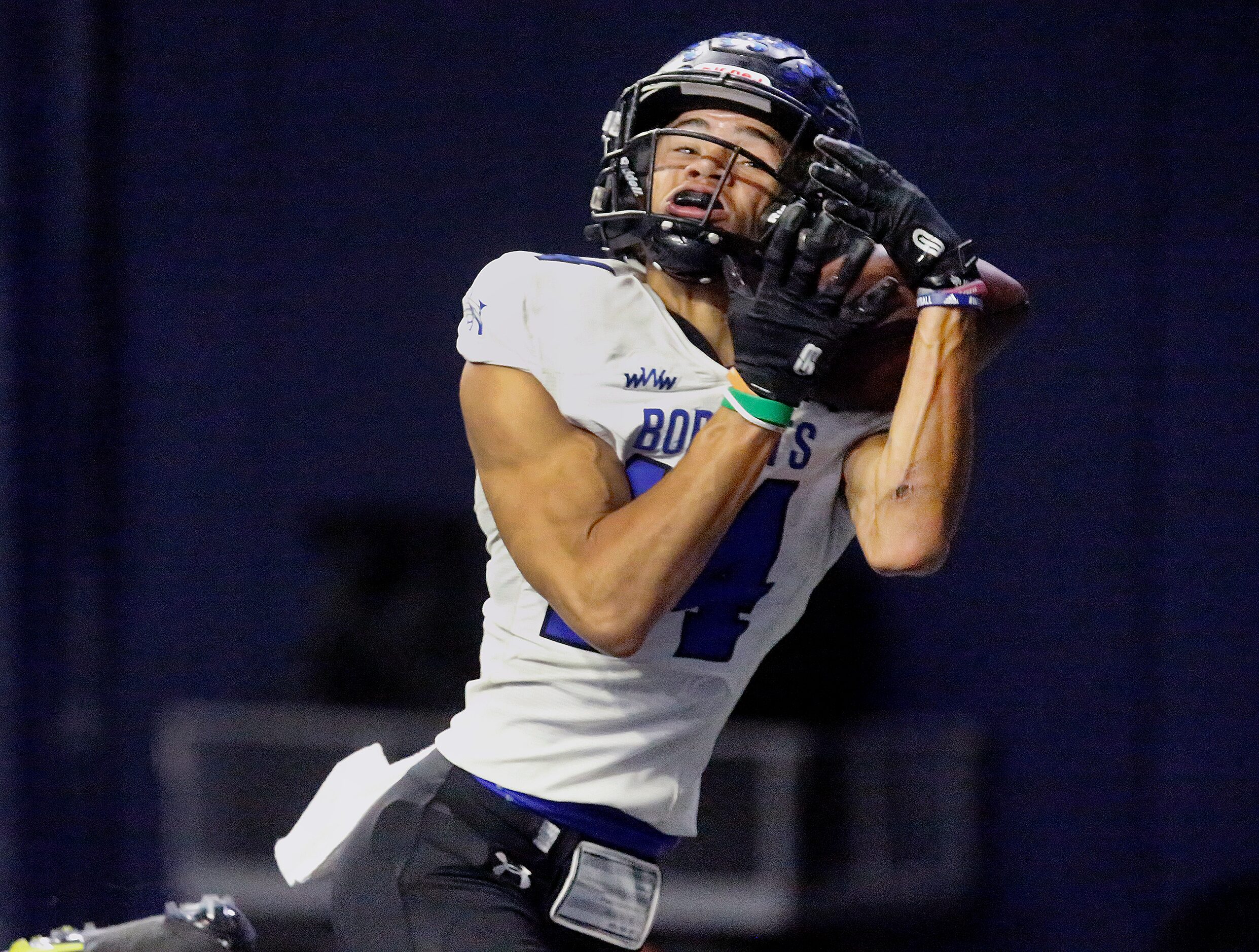 Byron Nelson High School wide receiver Landon Ransom-Golez (14) makes a touchdown catch...