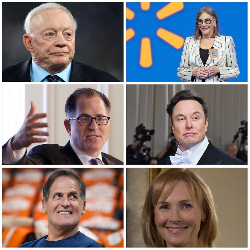 Clockwise from top left: Jerry Jones, Alice Walton, Elon Musk, Randa Williams, Mark Cuban...
