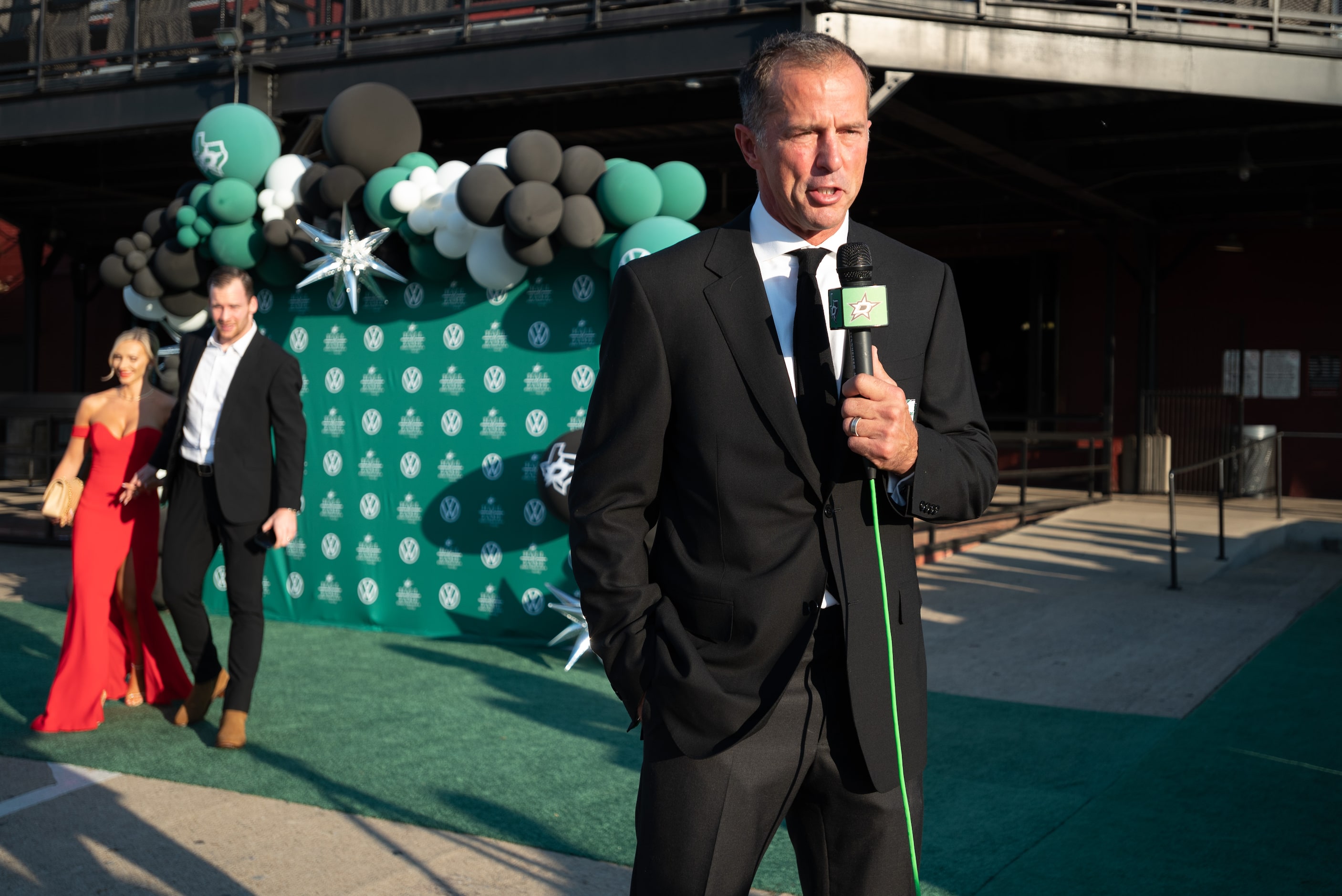 Former Dallas Stars player Mike Modano is interviewed as he arrives to the Stars' Hall of...