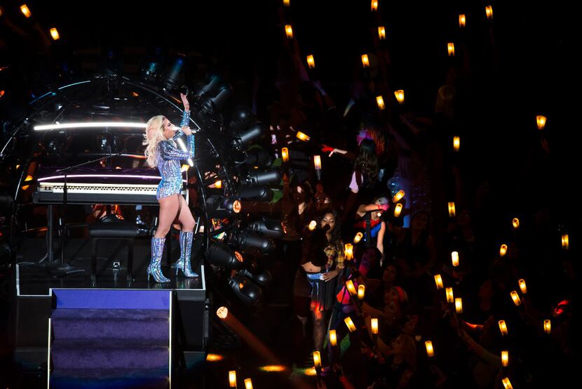 Lady Gaga performs during halftime of Super Bowl LI on Saturday, Feb. 4, 2017, in Houston....