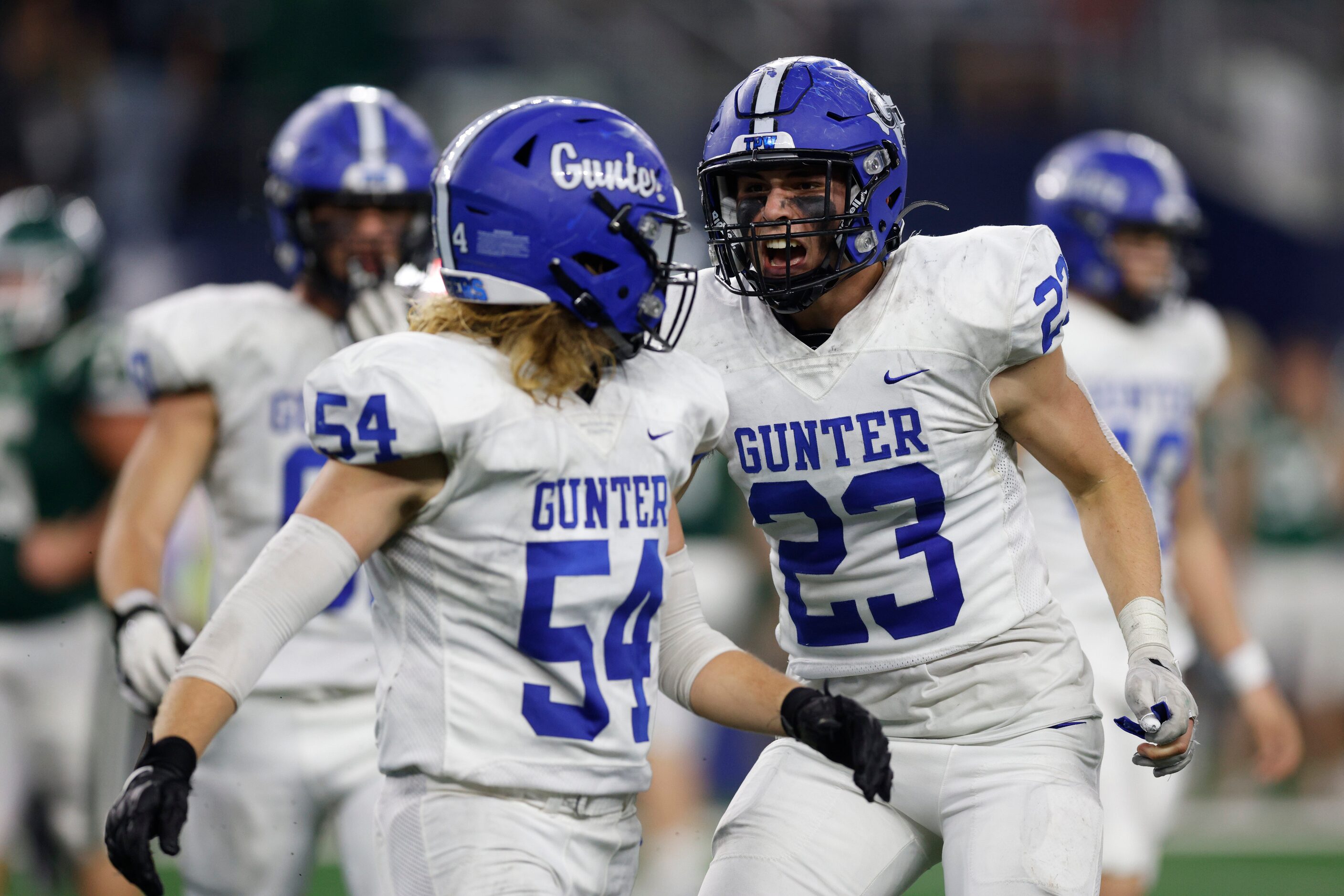 Gunter defensive lineman Trey Oblas (23) celebrates after Gunter defensive lineman Lane...