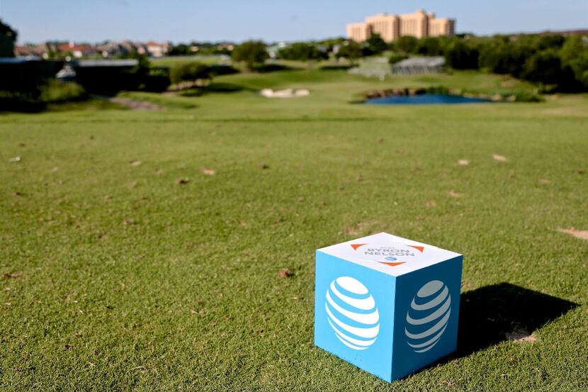 An AT&T Byron Nelson Golf Tournament tee marker on the 17th hole at the Four Seasons Resort...