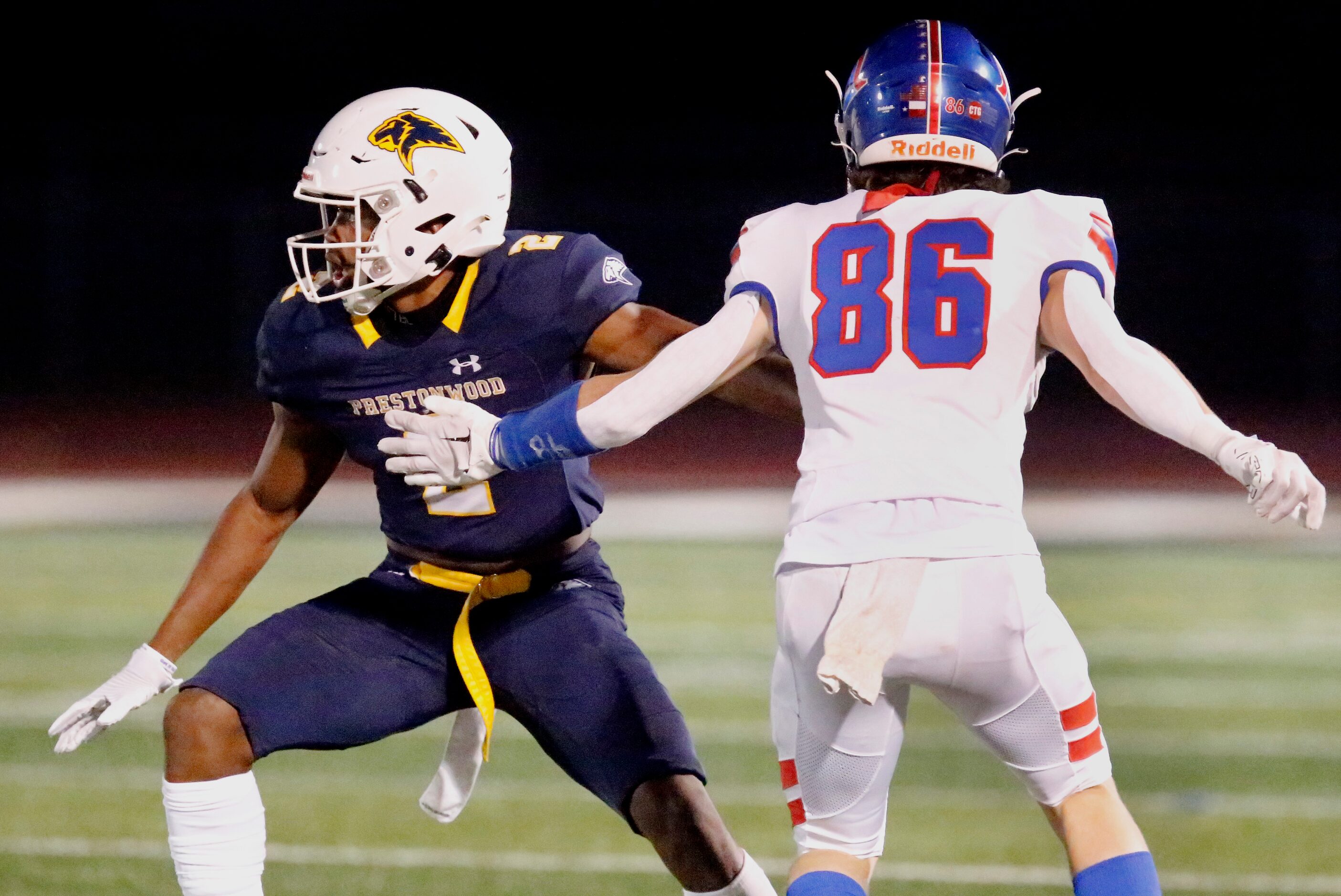 Prestonwood Christian Academy defensive back Carter Stoutmire (2) defends Trinity Christian...