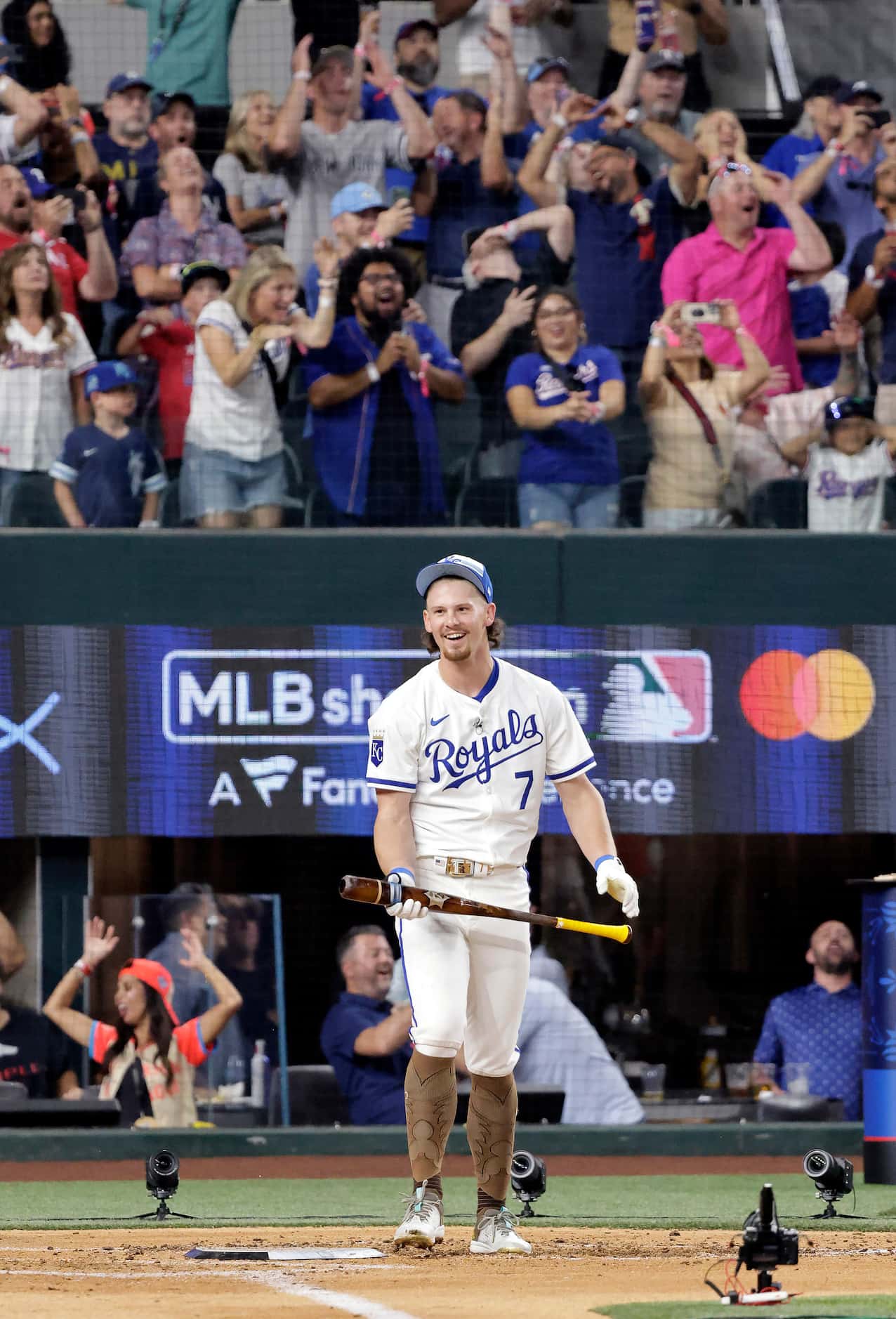 Down to his last strike, Kansas City Royals Bobby Witt Jr of Colleyville, Texas reacts with...