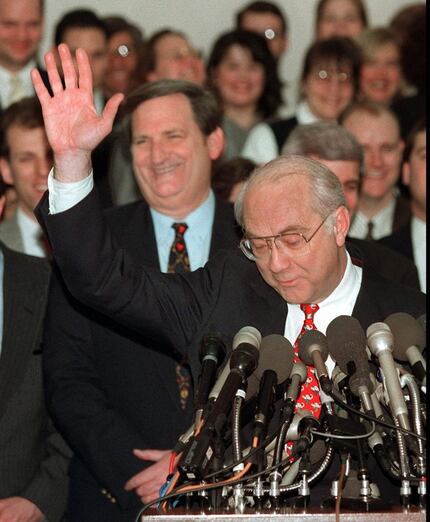 Sen. Phil Gramm, R-Texas, acknowledges applause on Capitol Hill on Feb. 14, 1996 after...
