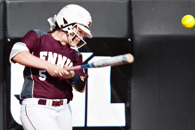 Ennis player Julia Hollingsworth (5) swings at the ball during their game against Mont...