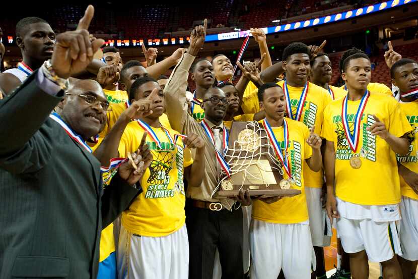 Dallas Madison poses with their trophy after defeating Houston Yates during the UIL 3A state...