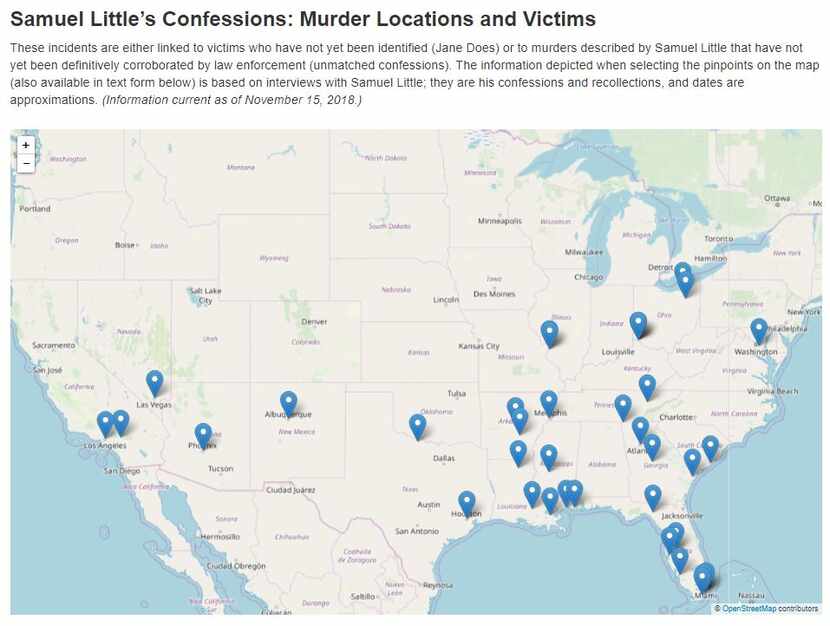 The FBI has compiled a map of Samuel Little's confessions across the U.S. The pinpoints are...