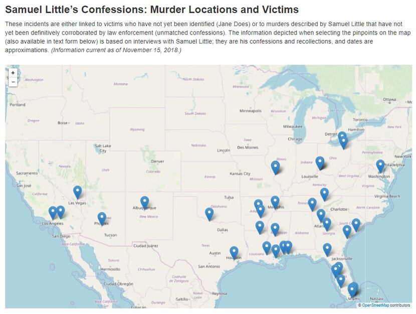 The FBI has compiled a map of Samuel Little's confessions across the U.S. The pinpoints are...