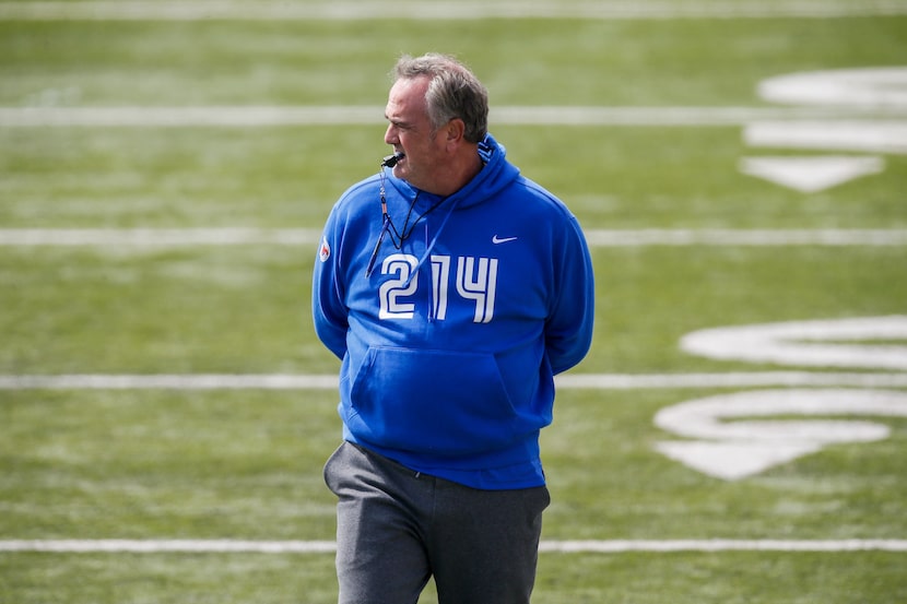 SMU head coach Sonny Dykes looks on during practice at Gerald Ford Stadium, Saturday, April...