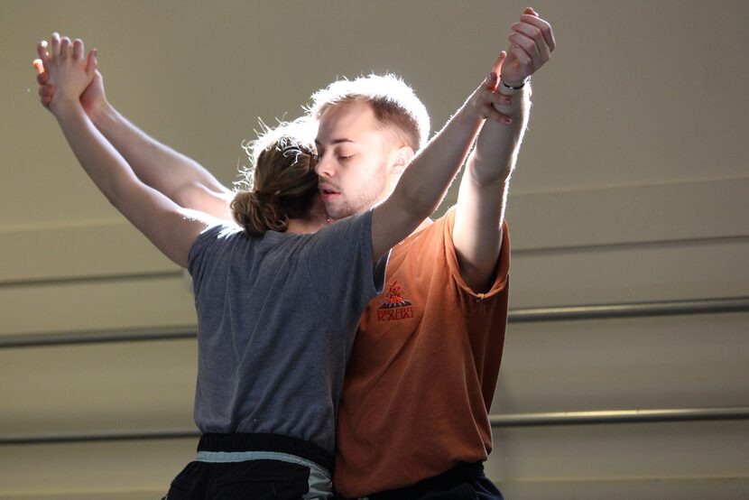 Victoria Daylor and Nicholas Heffelfinger rehearse Joshua L. Peugh's Yellow.