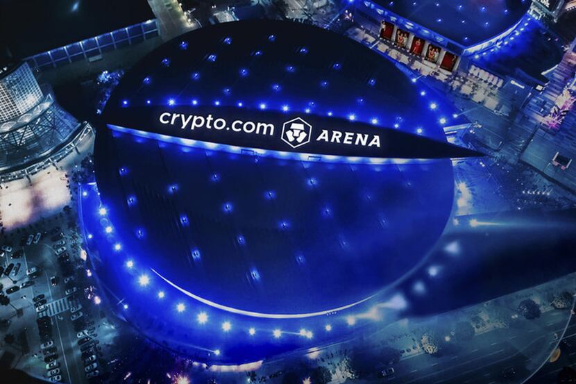 A rendering of Staples Center in Los Angeles after its rebranding as Crypto.com Arena.