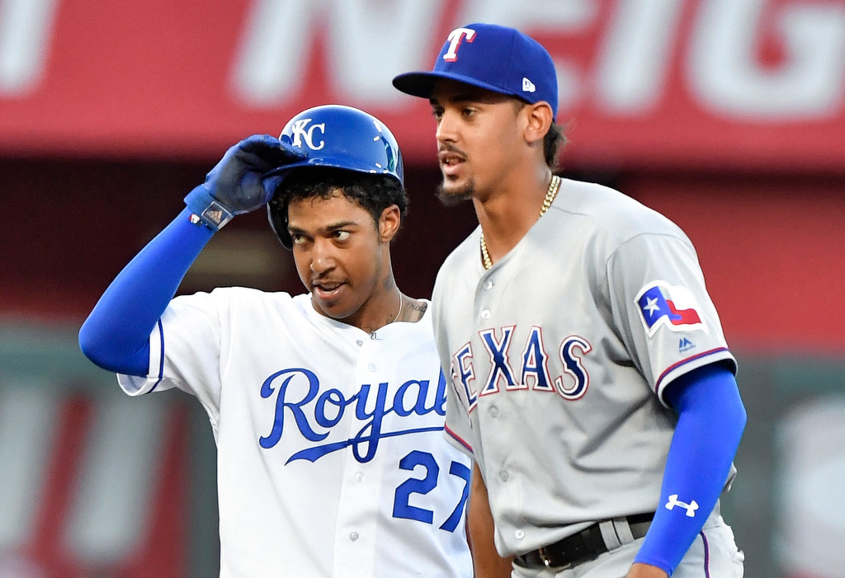 Kansas City Royals' Adalberto Mondesi stands at second after hitting an RBI double in the...