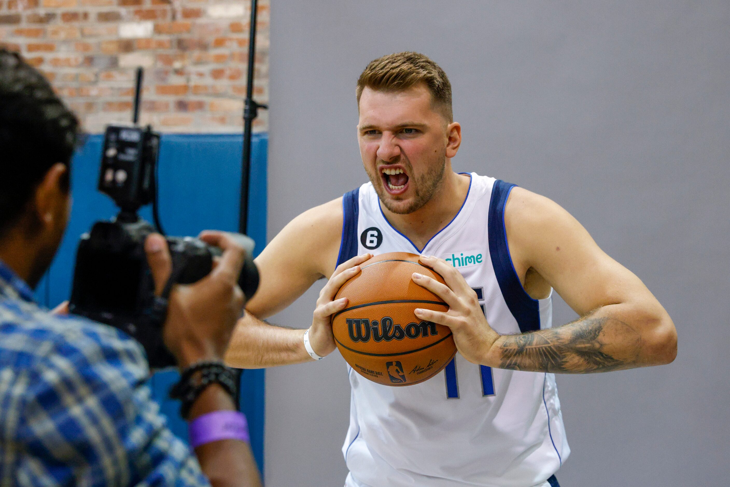 Dallas Mavericks guard Luka Doncic (77) poses for a portrait during the Mavericks media day,...